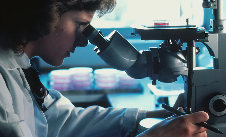 Researcher looking through a microscope in a laboratory, representing PhD funding in the UK